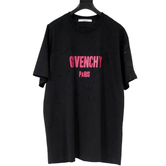 Givenchy Mens Logo T Shirt Large Black Pink Distressed Cotton Barneys NY Collab - Picture 1 of 9